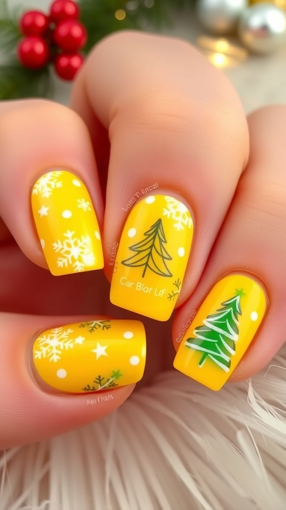Yellow Christmas nail art with snowflakes and trees on a festive background.
